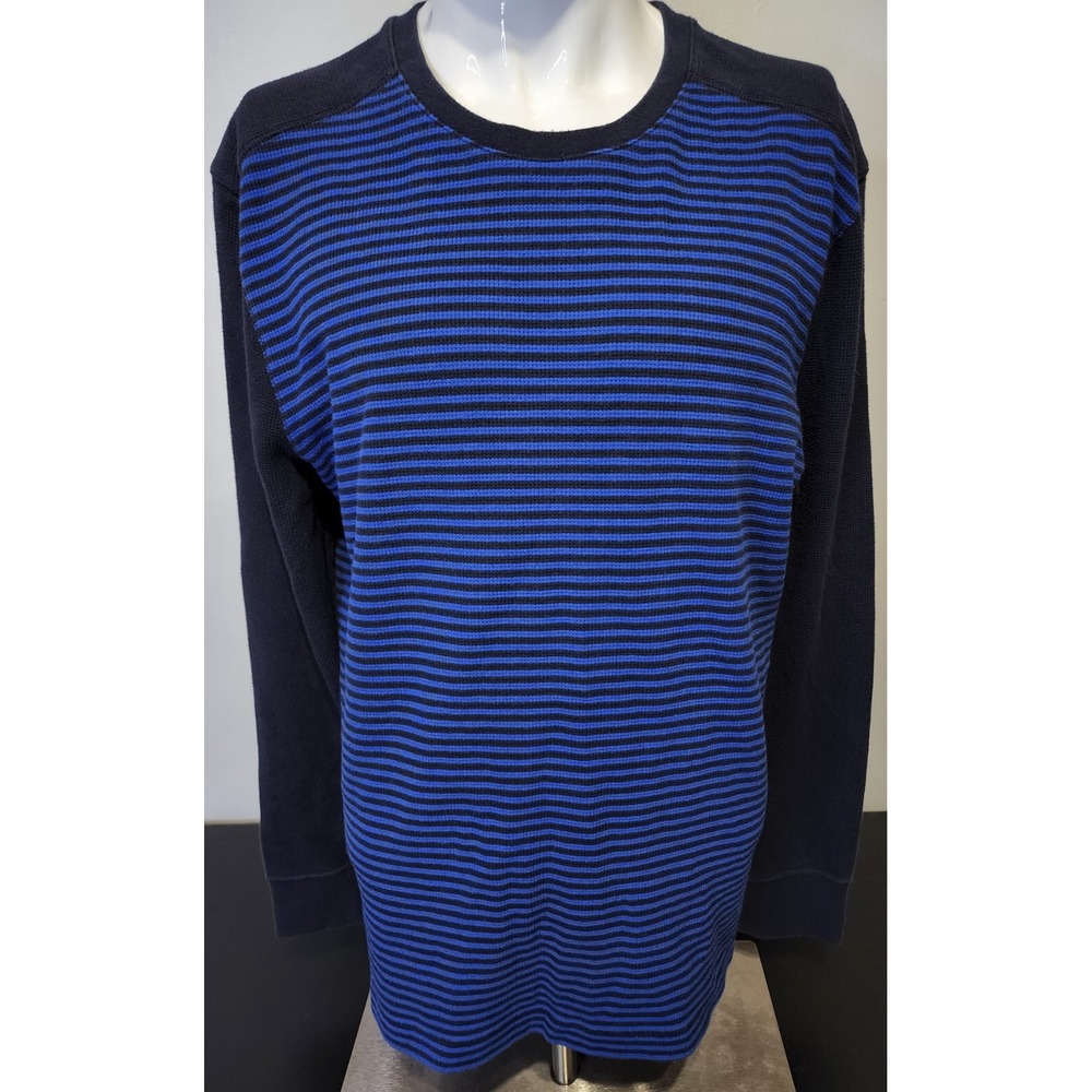 Banana Republic Men Waffle Size XL Shirt Black Blue Stripe Crew Neck Longsleeve